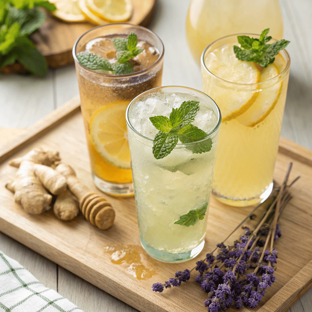 Honey Lemonade variations with mint, ginger, and lavender