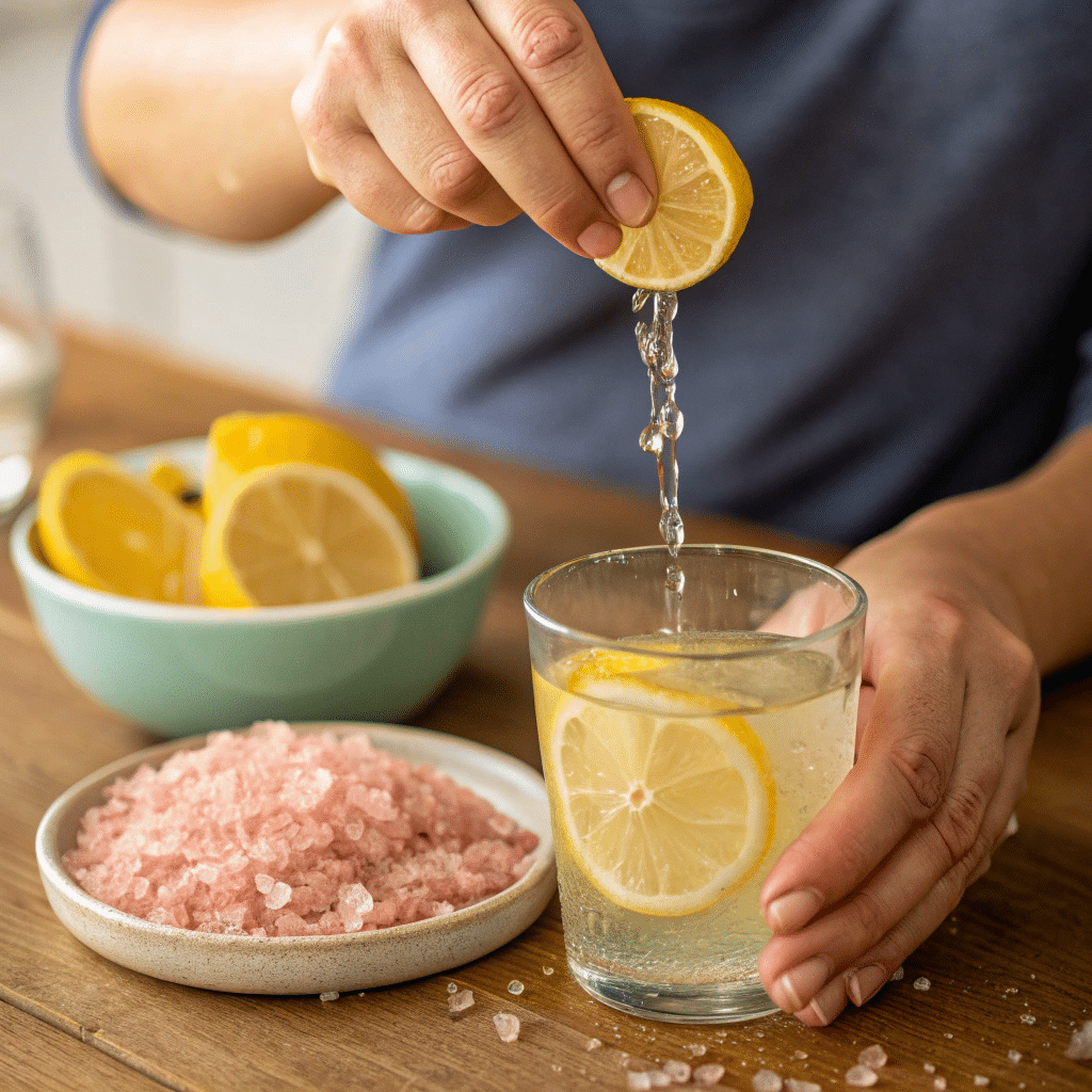 preparing pink salt and lemon drink