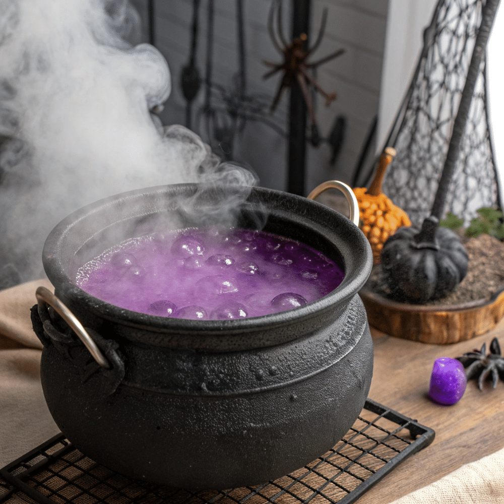 Witch Potion Punch in a cauldron with dry ice fog