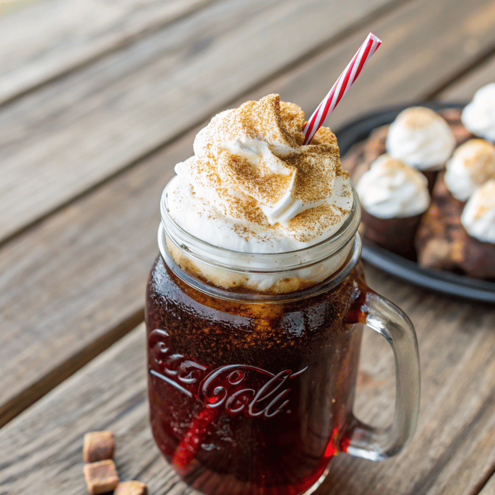 Campfire Cola Dirty Soda in a mason jar with whipped cream and marshmallow