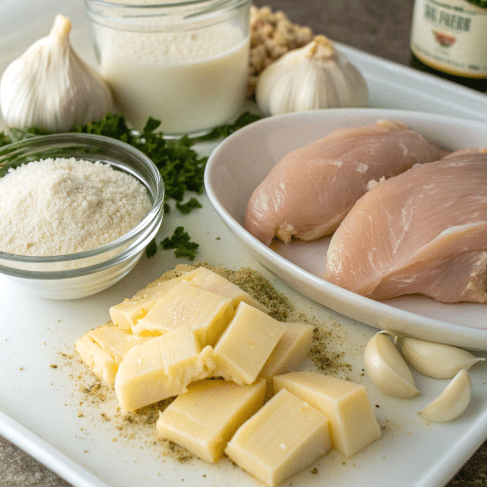 Ingredients for Keto Garlic Parmesan Chicken arranged on a table.