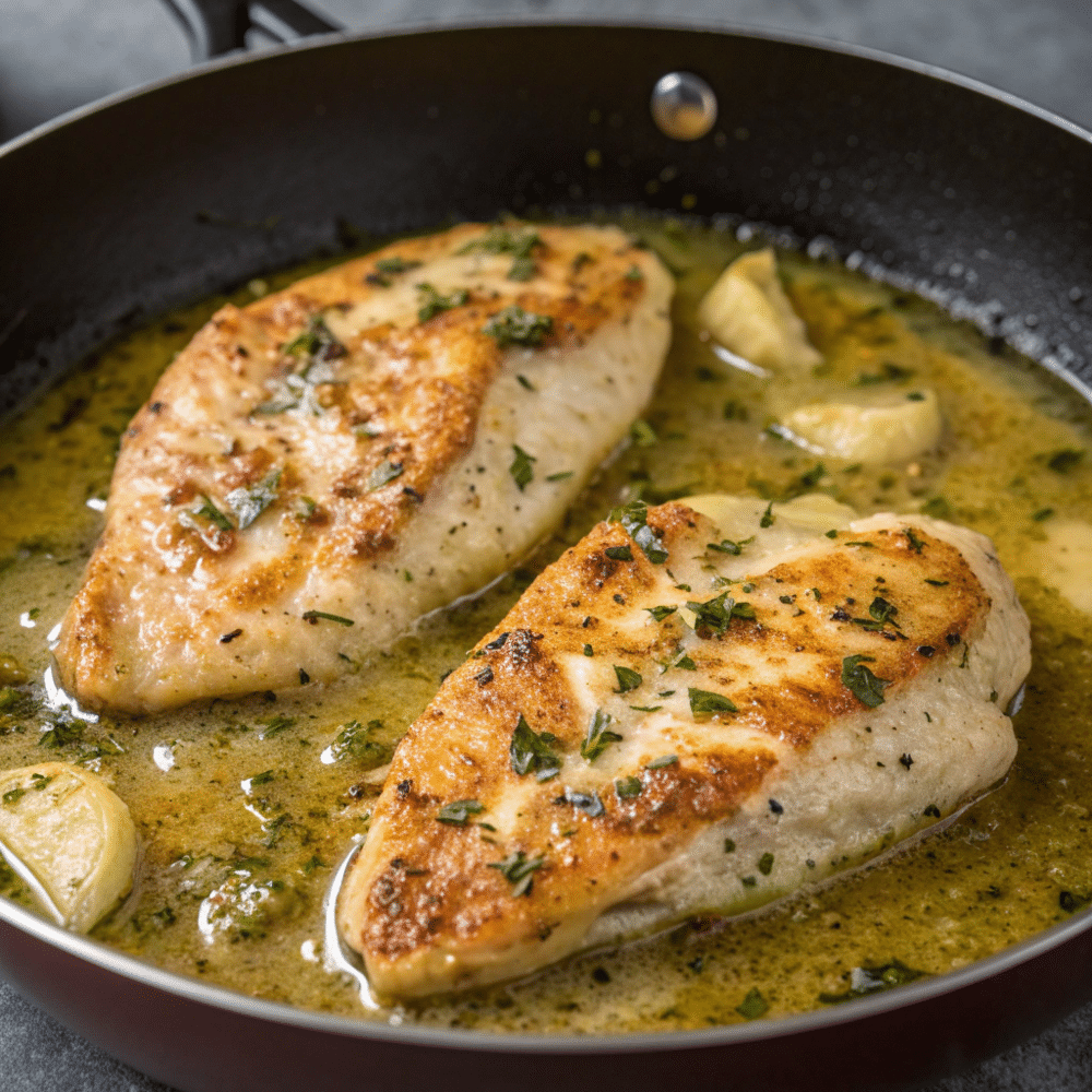 Cooking Keto Garlic Parmesan Chicken in a skillet.