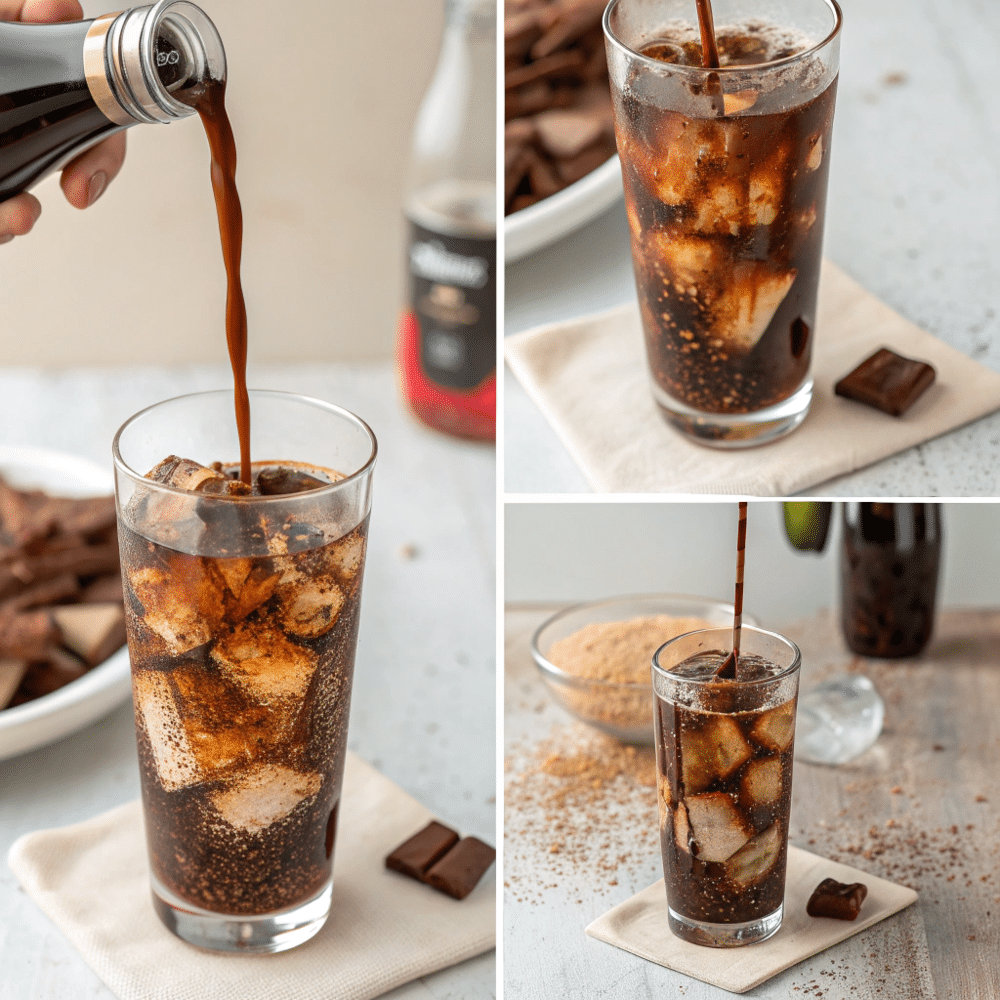 Chocolate syrup poured into Campfire Cola Dirty Soda glass