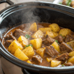 Slow Cooker Garlic Butter Beef Bites with Potatoes in buttery sauce