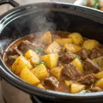 Slow Cooker Garlic Butter Beef Bites with Potatoes in buttery sauce