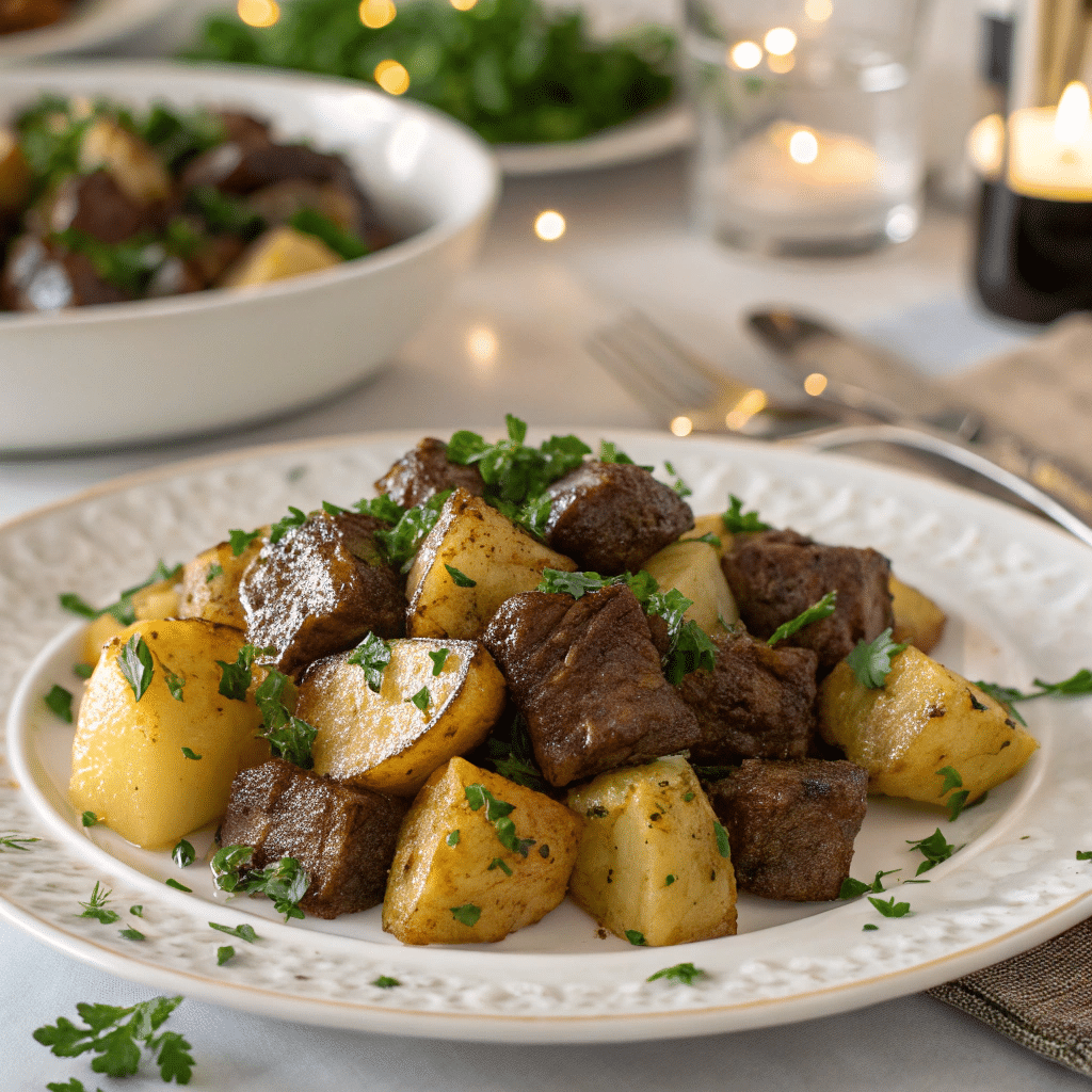 Served Garlic Butter Beef Bites with Potatoes garnished with herbs