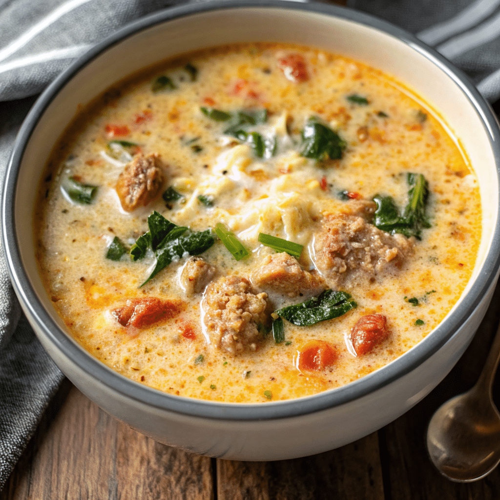 Creamy Keto Italian Sausage Soup served on a plate