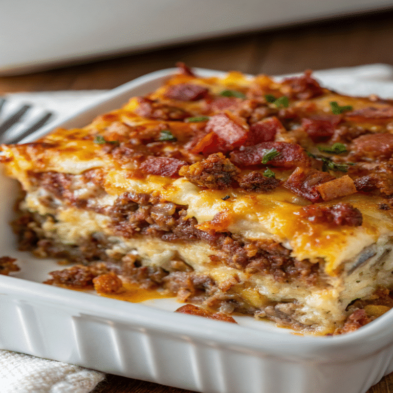Low-Carb Bacon Cheeseburger Casserole served on a plate