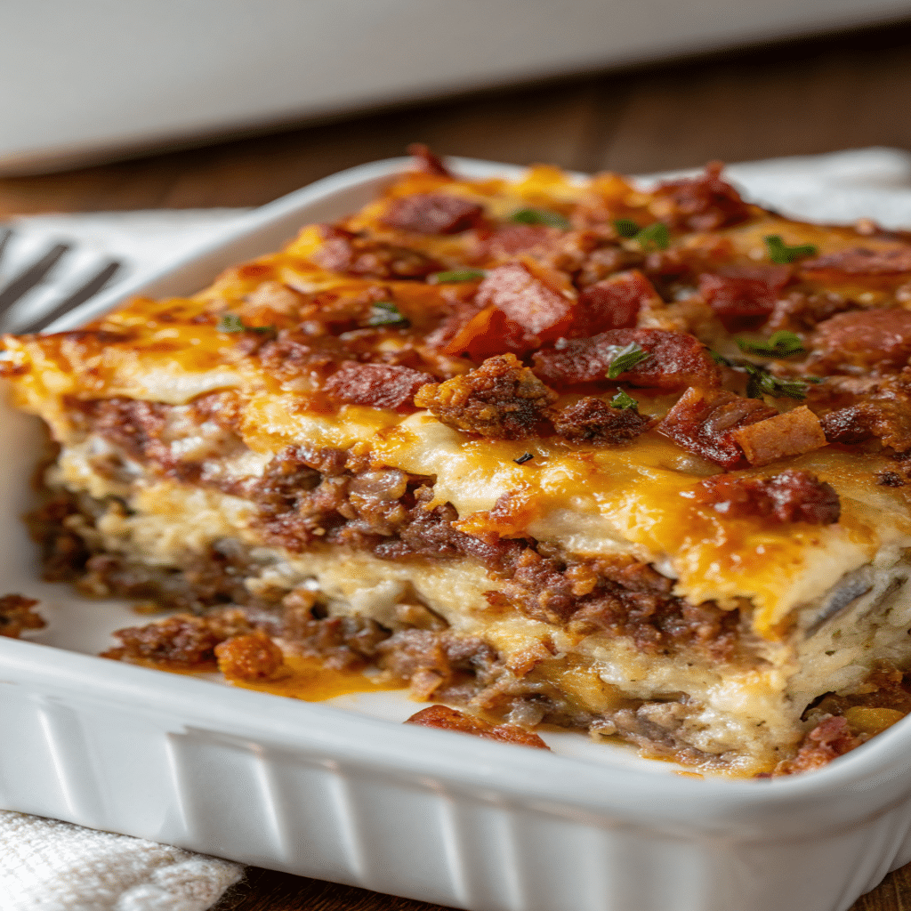 Low-Carb Bacon Cheeseburger Casserole served on a plate