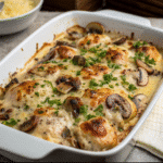Keto Garlic Mushroom Chicken Casserole served on a plate
