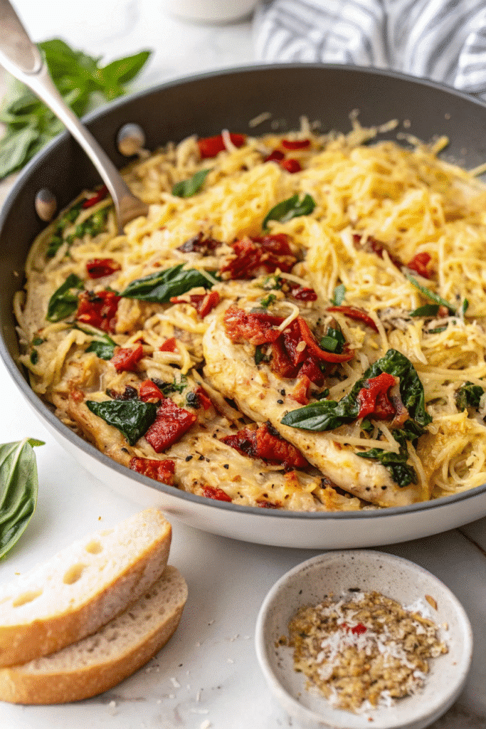Tuscan Chicken and Spaghetti Squash served on a plate