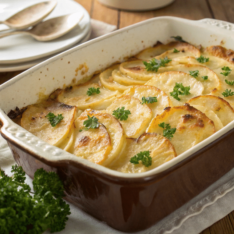 Creamy Scalloped Potatoes served on a plate