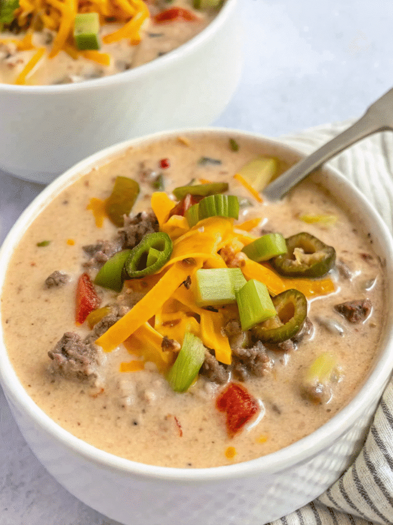 Keto Cheeseburger Soup served on a plate