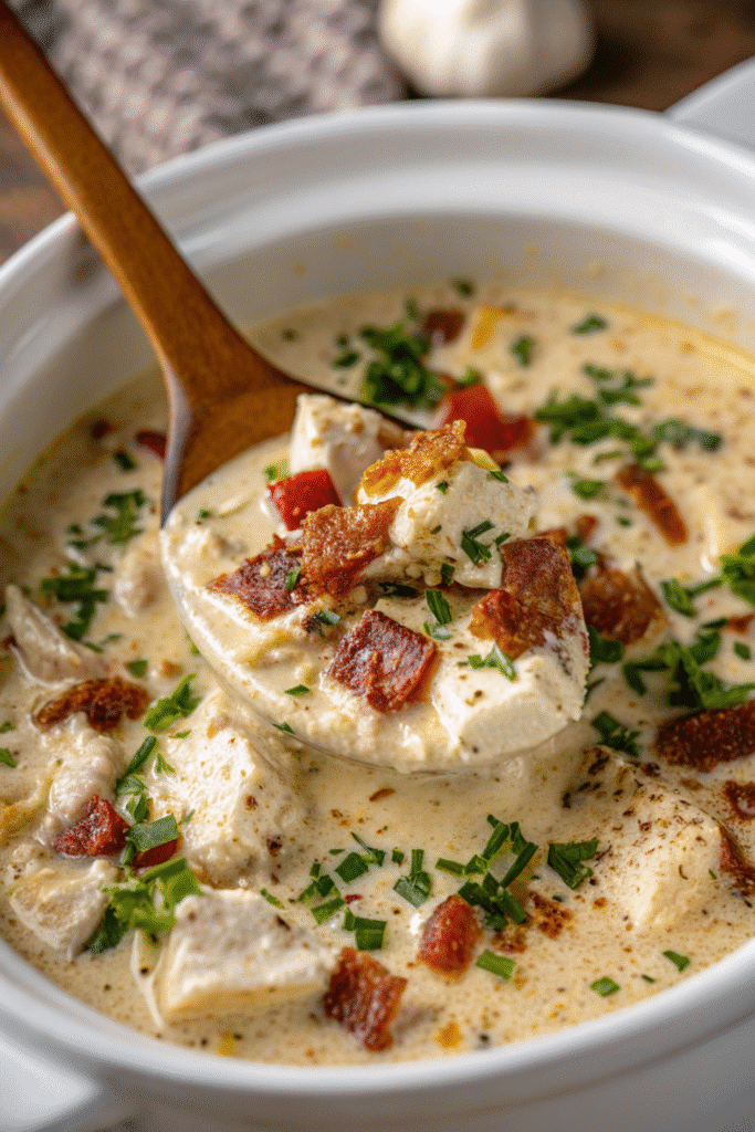Keto Chicken Cream Cheese Soup served on a plate