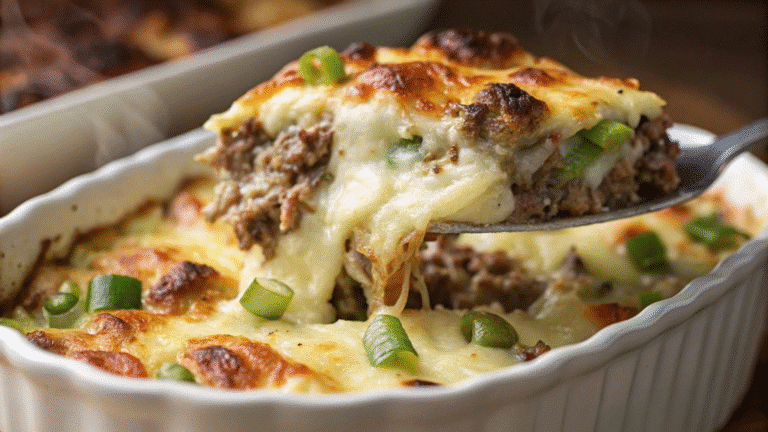 Philly Cheesesteak Casserole served on a plate