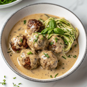 Creamy Tuscan Keto Meatballs served on a plate