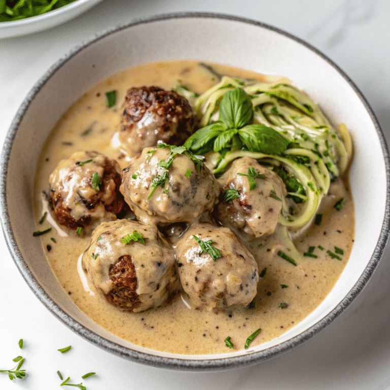 Creamy Tuscan Keto Meatballs served on a plate