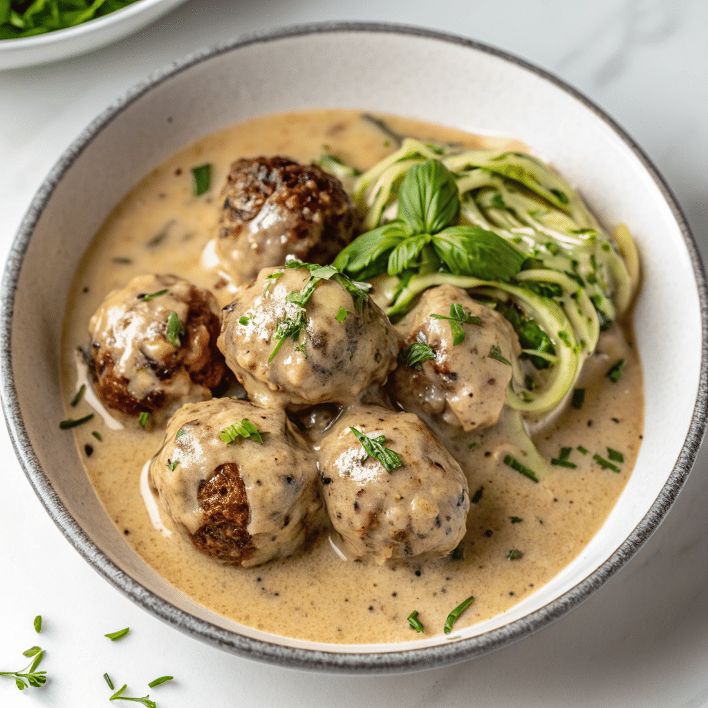 Creamy Tuscan Keto Meatballs served on a plate