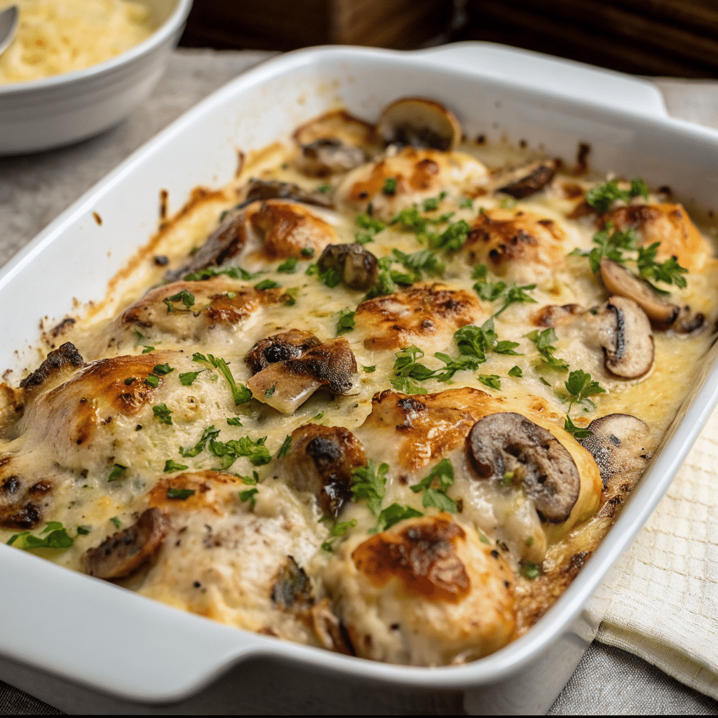 Keto Garlic Mushroom Chicken Casserole served on a plate