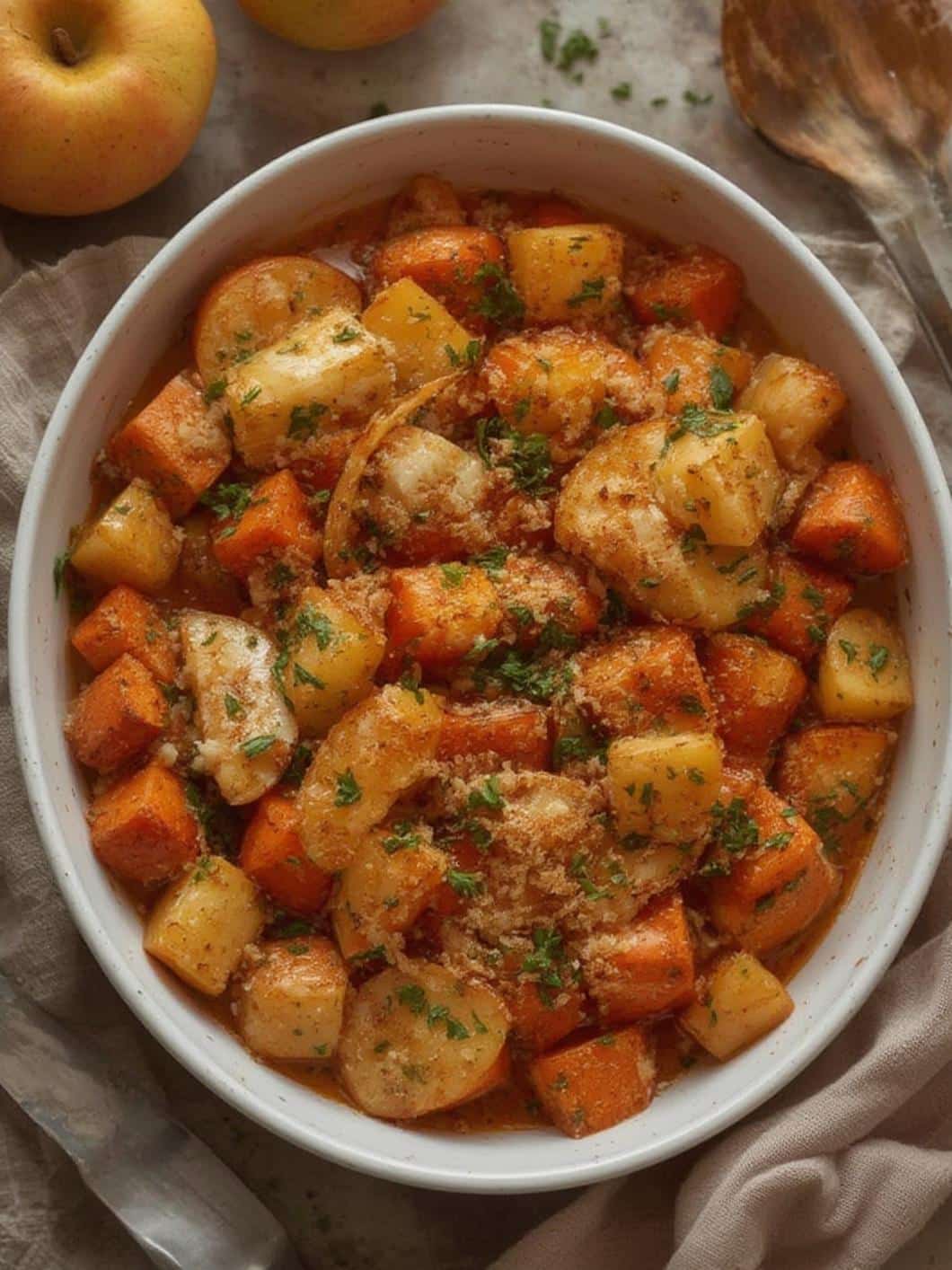 A final plated dish of roasted apples and carrots, garnished with fresh thyme.