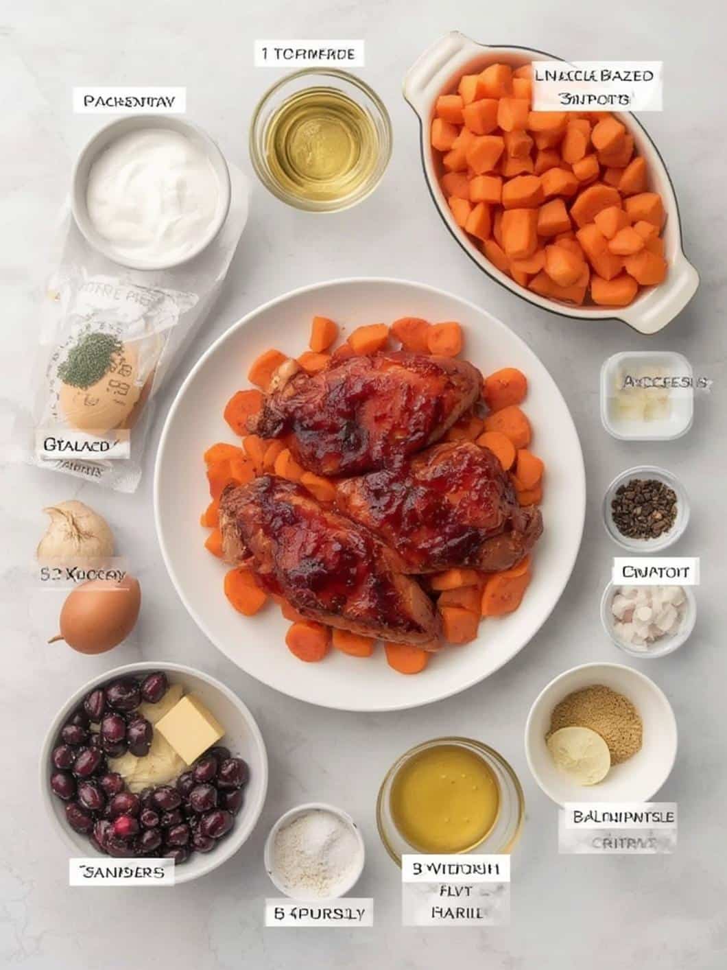 Ingredients for cranberry glazed chicken with carrots and sweet potatoes