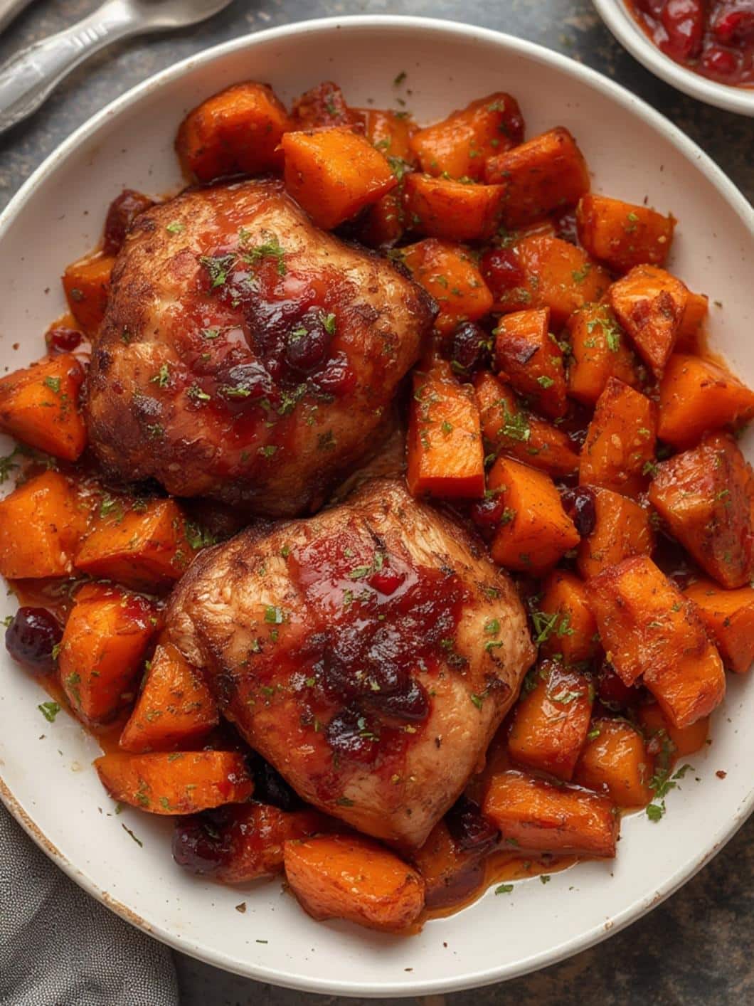 Preparing cranberry glazed chicken on a plate