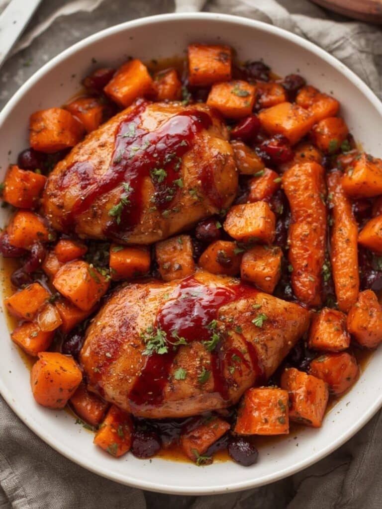 Cranberry Glazed Chicken with Carrots & Sweet Potatoes recipe