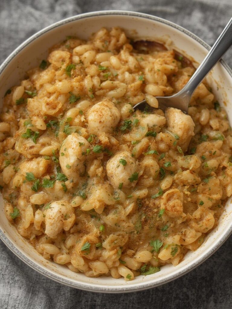 French Onion Chicken Orzo Casserole