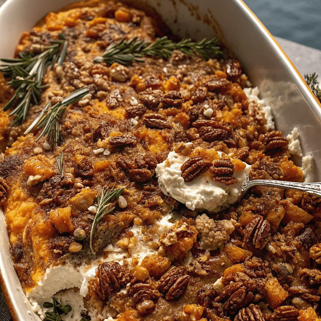 Southern sweet potato casserole served on a plate