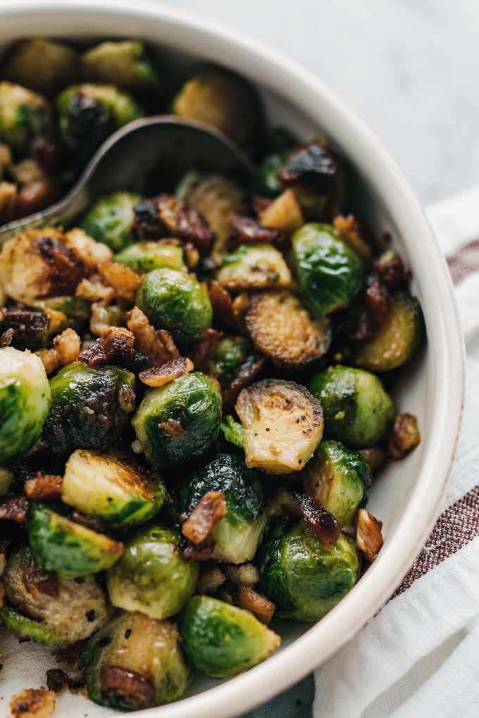 Maple Bacon Brussels Sprouts served on a plate