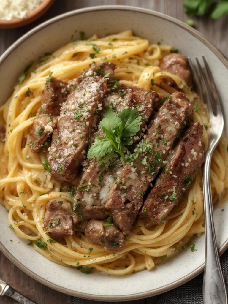 Creamy Garlic Parmesan Pasta With Steak Recipe