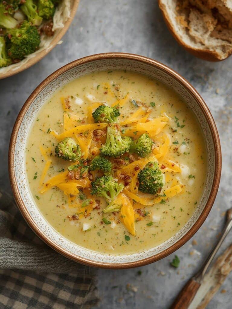 High Protein Broccoli Cheddar Soup preparing