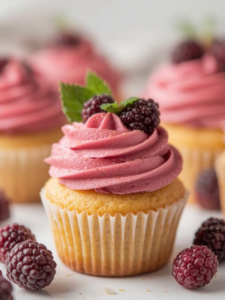 Lemon Poppy Seed Cupcakes with Blackberry Frosting