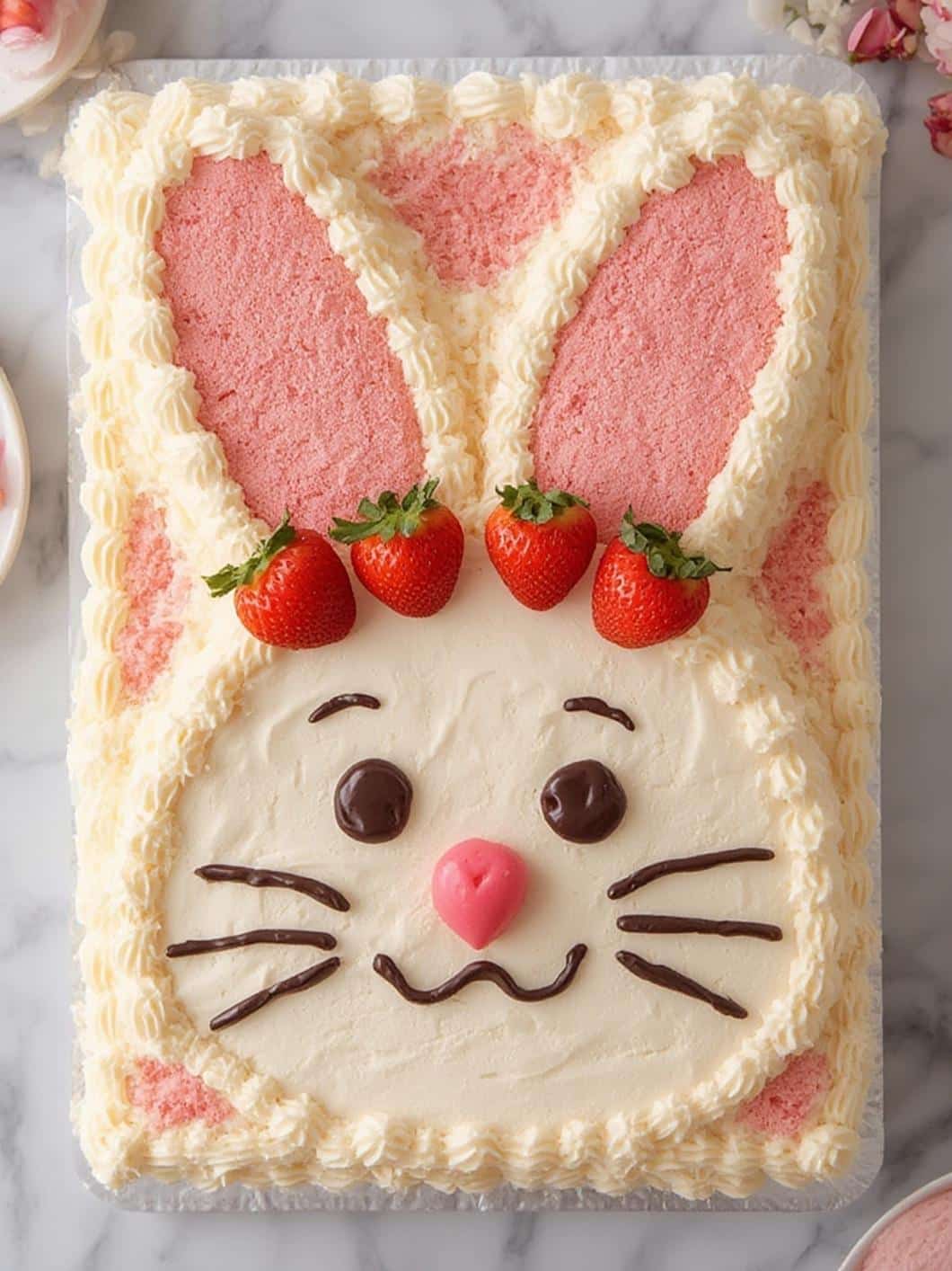 Bunny Ear Strawberry Shortcake Sheet Cake final preparation
