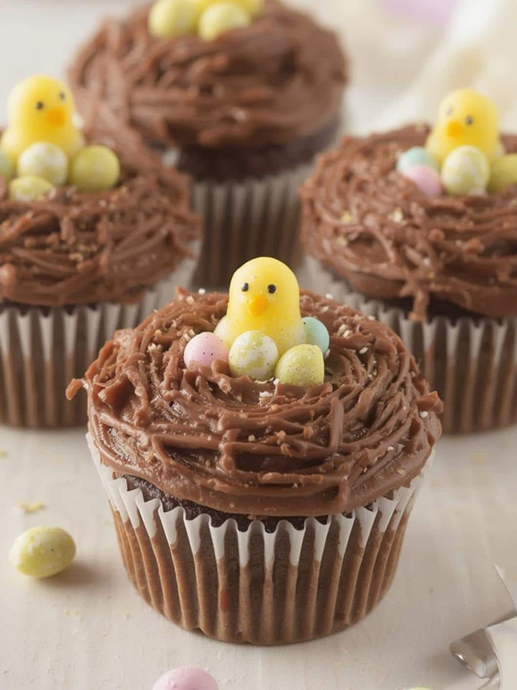 Chocolate Nest Cupcakes with Candy Chicks final preparation