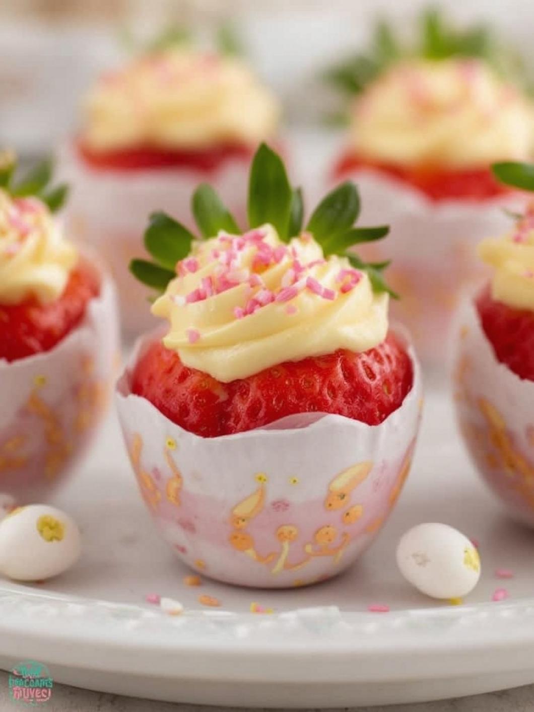 Easter Egg Cheesecake Stuffed Strawberries final preparation