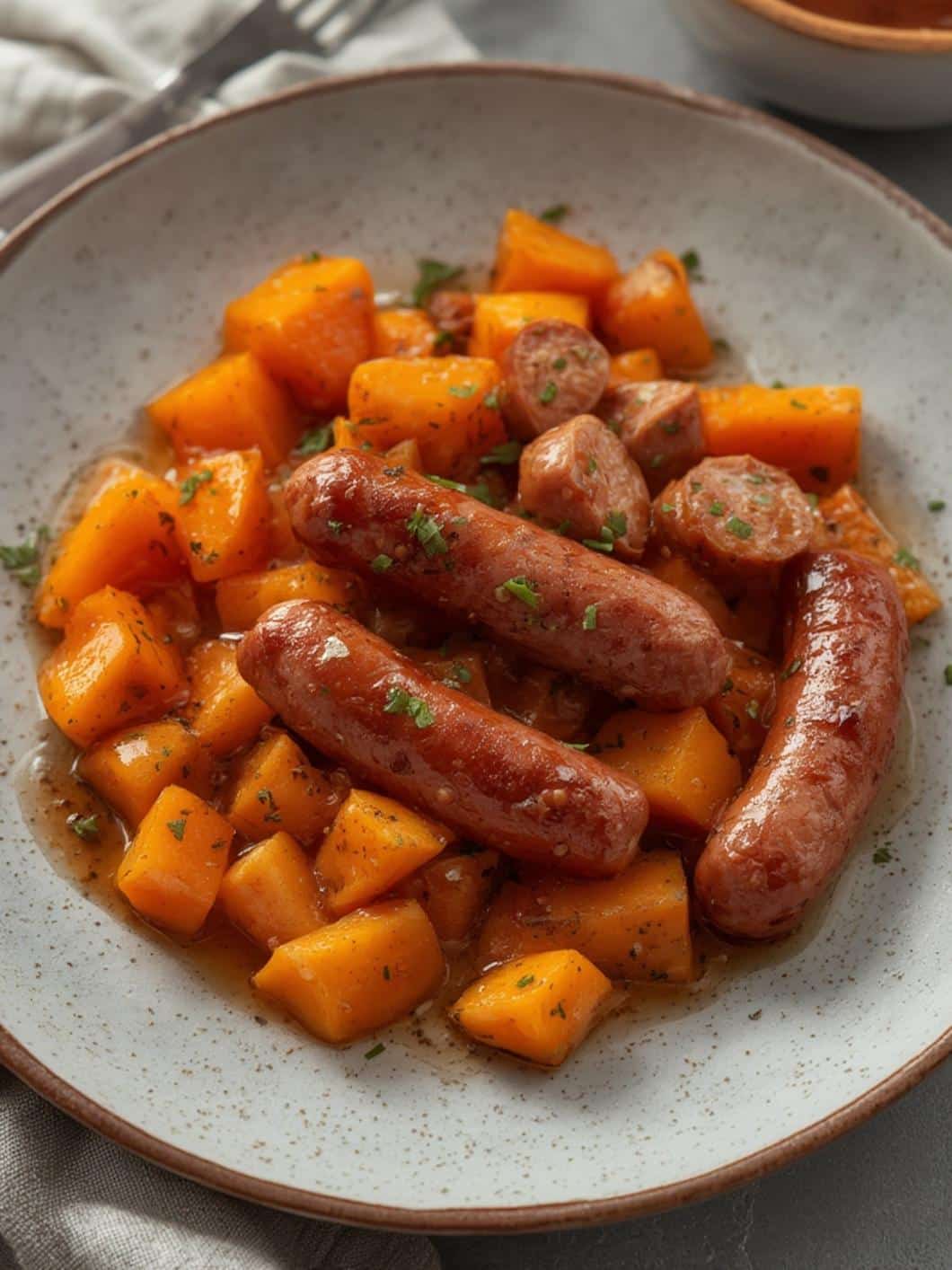 Honey Garlic Sausage and Sweet Potato final preparation