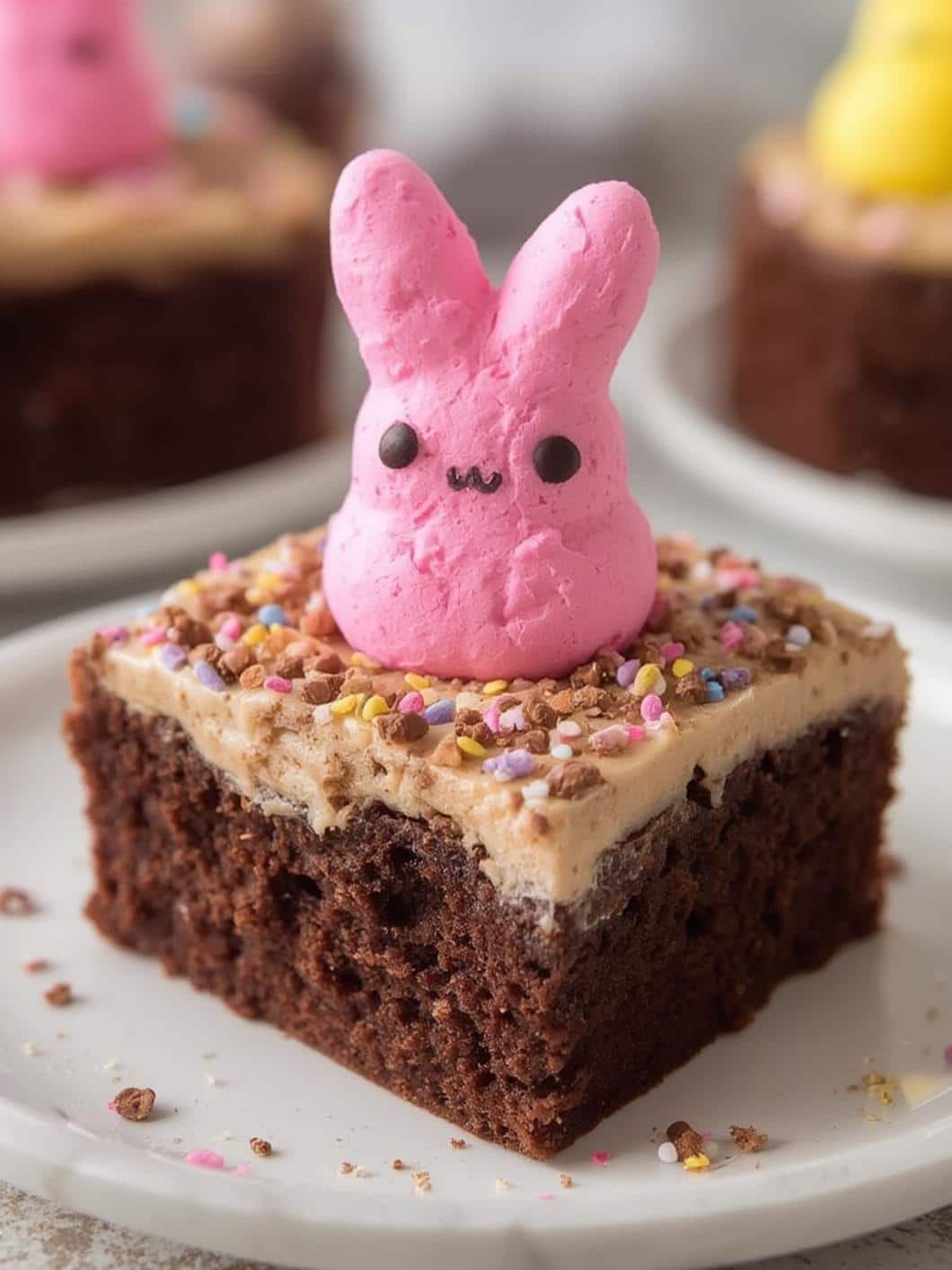 Peep-Topped Chocolate Poke Cake final preparation