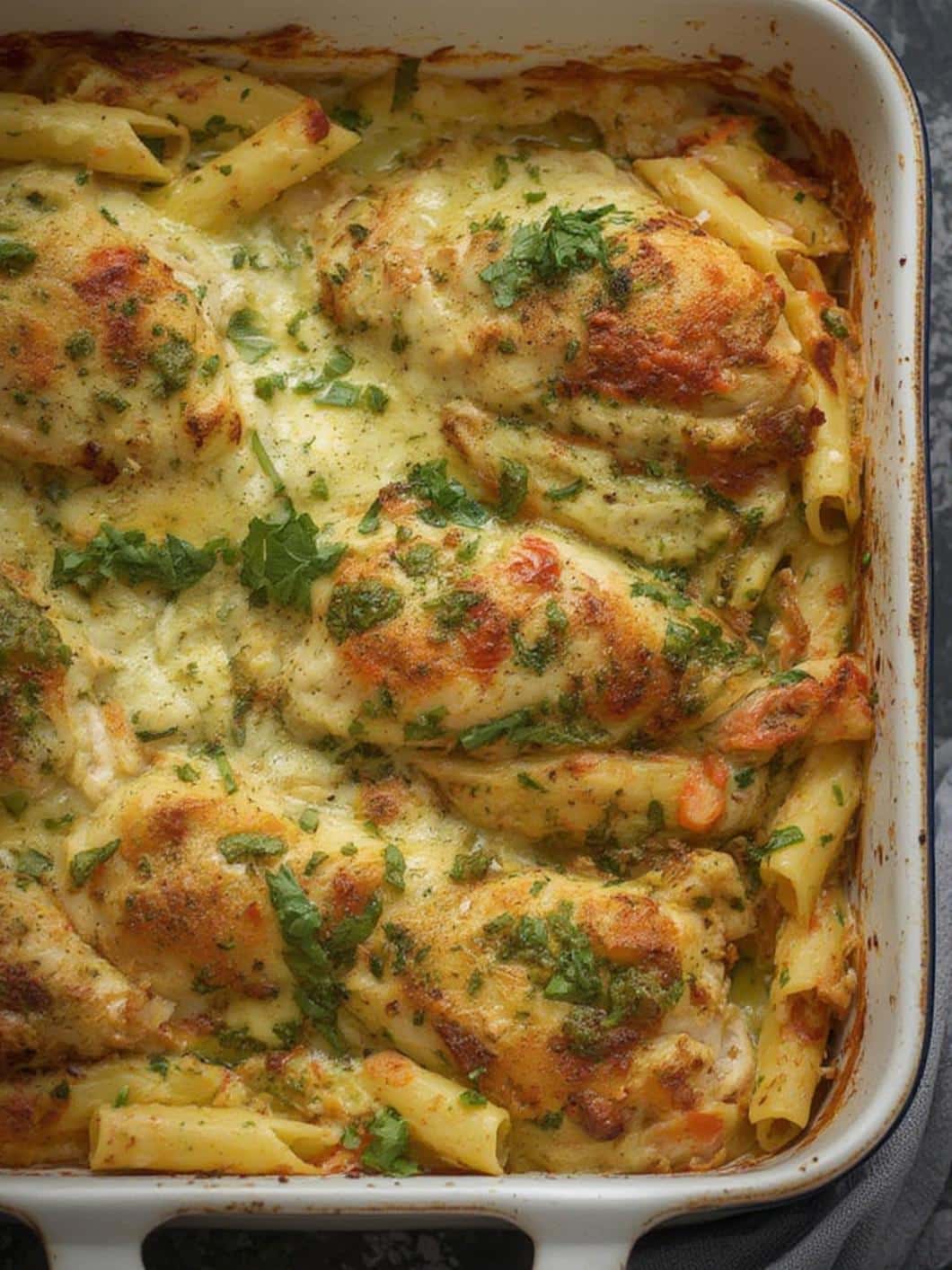 Pesto chicken pasta bake final preparation