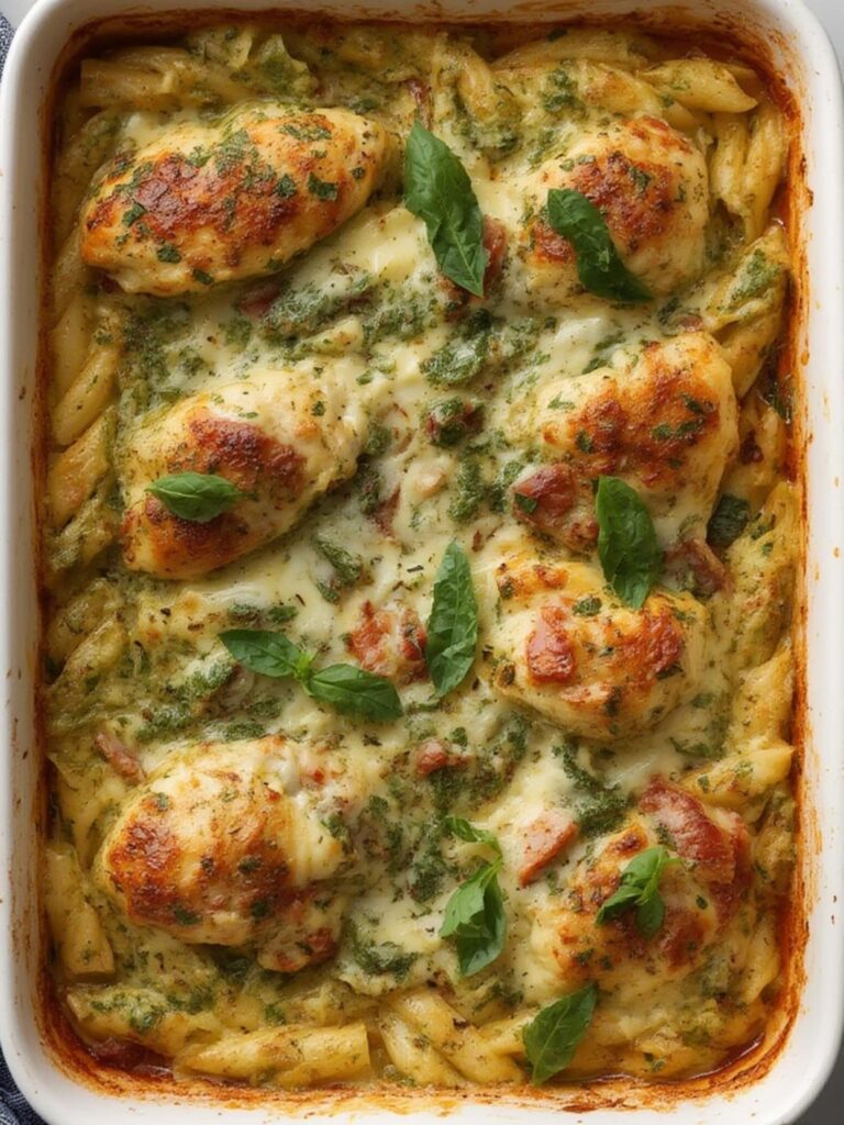 Pesto chicken pasta bake