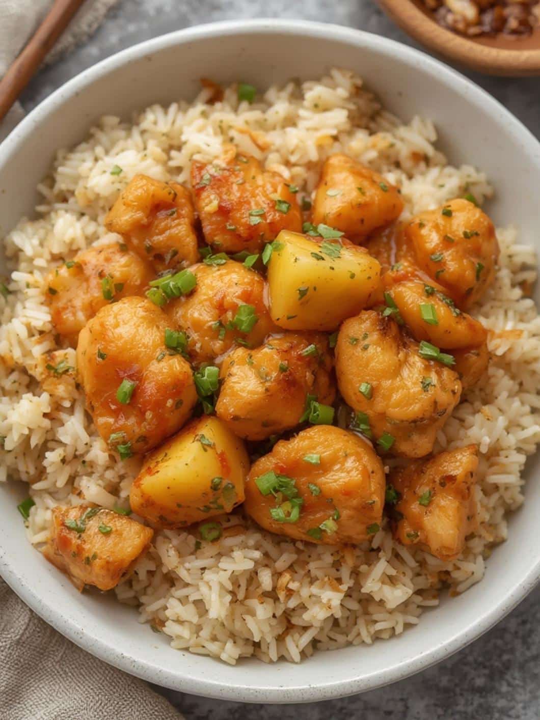 Pineapple Chicken and Rice final preparation