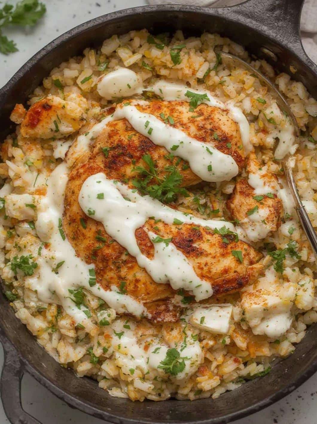 dump-and-bake chicken tzatziki rice final preparation